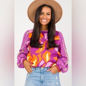 NWT Fate Barbiecore Lace Eyelet Sleeves Abstract Pink & Orange Sweater - Medium